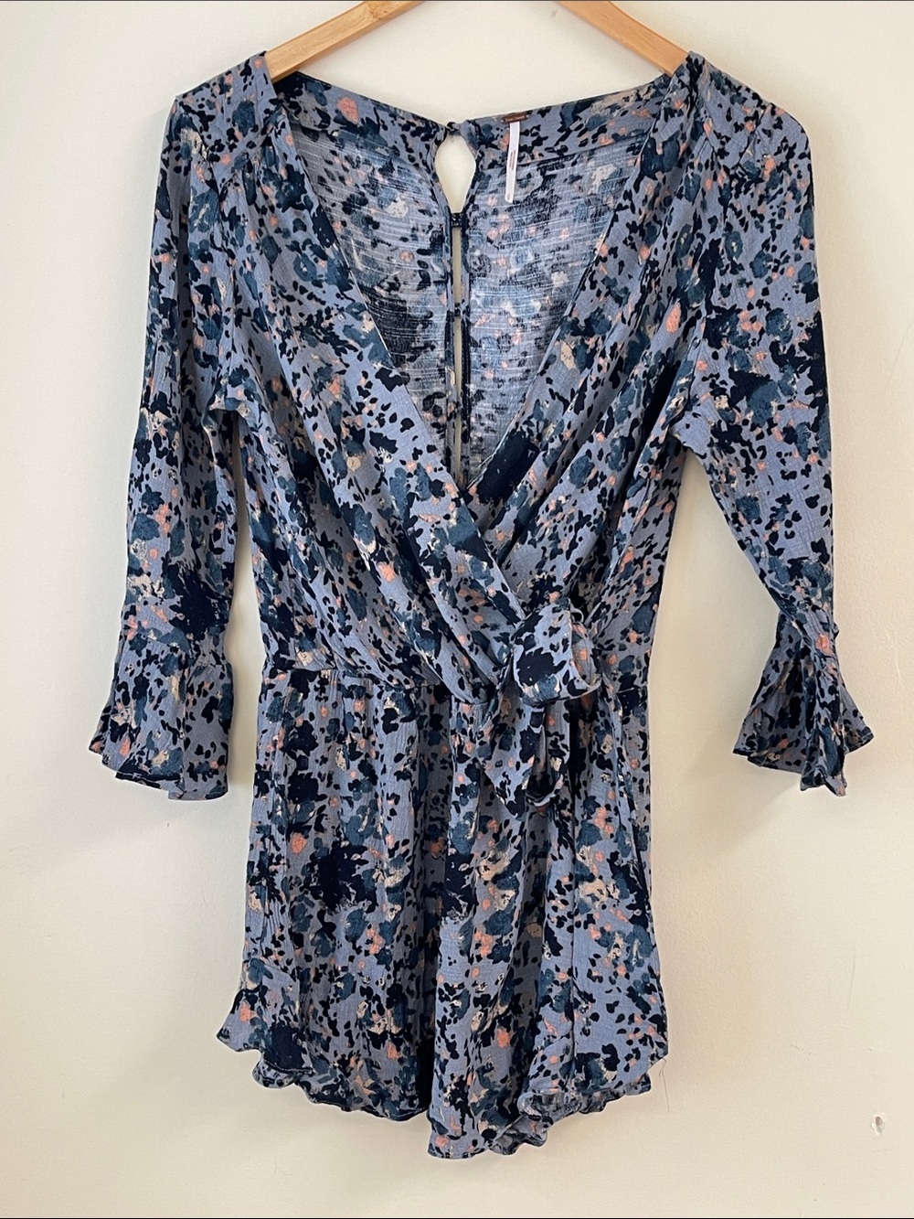 Free People Floral Wrap Romper S Blue Boho Ruffle Sleeve